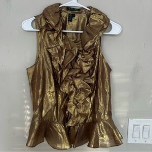 Ralph Lauren Metallic Gold Ruffled sleeveless silk Blouse. Size 10.